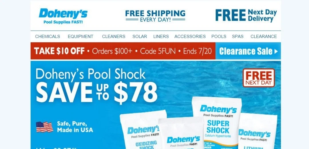 Doheny Coupon Codes Doheny’s Water Warehouse is an online pool supply store that also carries spa chemicals and equipment at discount prices. From solar covers and liners, to handheld pool vacuums and chlorine feeders, they’ve got a wide selection of quality products from name brands like Aquabot, Clear-Tek, Olympic, HTH and their own brand, Doheny’s.