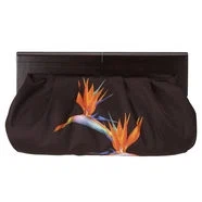 Paraidse print, wood frame clutch with interlocking closure. Inside features single zipper and slip pockets. Measurese approx. 13" L x 9" W x 2" D.

