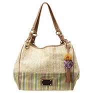 Mixed material, large open tote with double straps. Metal snap center closure. Inside features single zipper pocket and dual slip pockets. Measures approx. 13" L x 11" W x 7" D.

