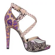 Criss cross platform sandal with adjustable buckle.  Fabric upper.  Measurements: heel 4.5" and platform .5"

