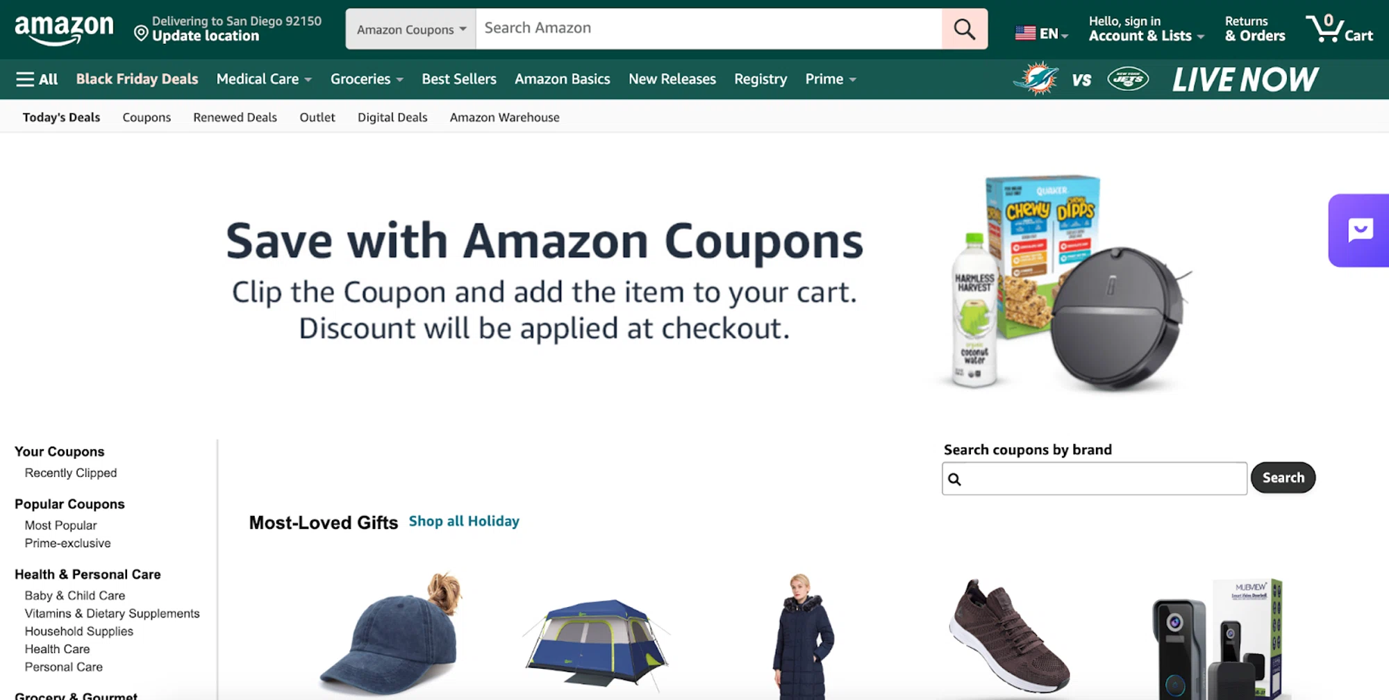 Amazon's coupons search result landing page with products that have available coupon discounts. The SimplyCodes coupon promo code extension is active on the side of the browser.