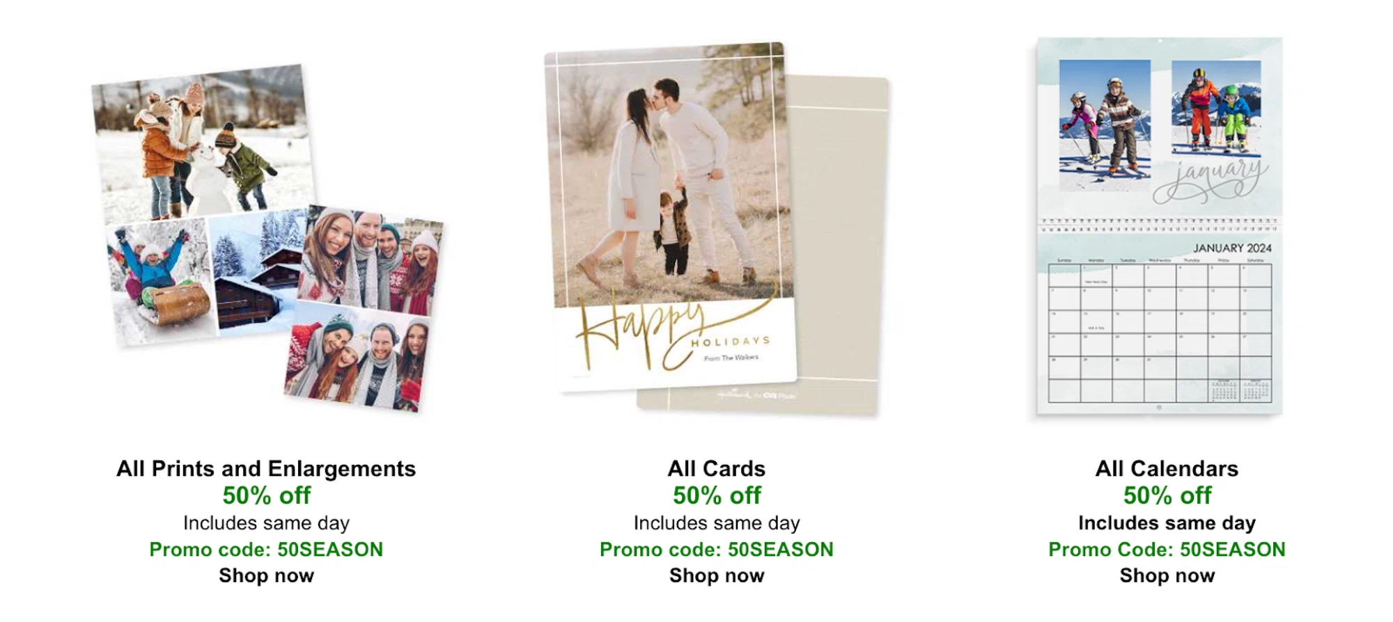 CVS Photo coupons on all prints and enlargements, all cards, all calendars. Get 50% off with the promo code 50SEASON.