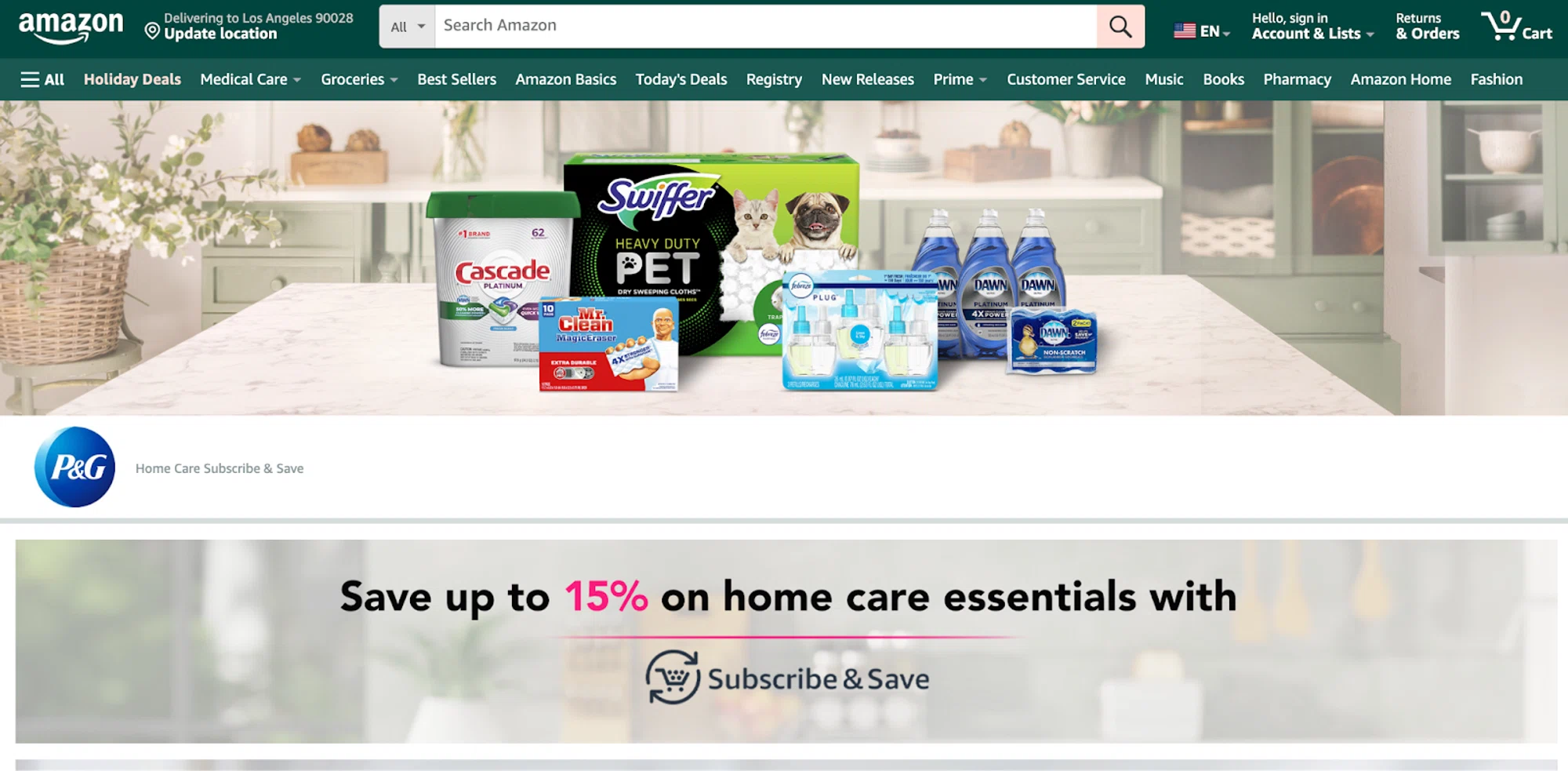 Amazon subscribe and save home care essentials page. 