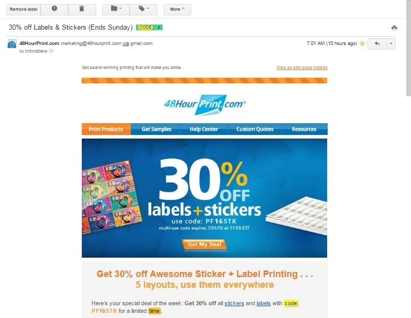 48hourprint coupon code 48 Hour Print offers promo codes often. On average, 48 Hour Print offers 2 codes or coupons per month. Check this page often, or follow 48 Hour Print (hit the follow button up top) to keep updated on their latest discount codes. Check for 48 Hour Print's promo code exclusions.4/4(5).
