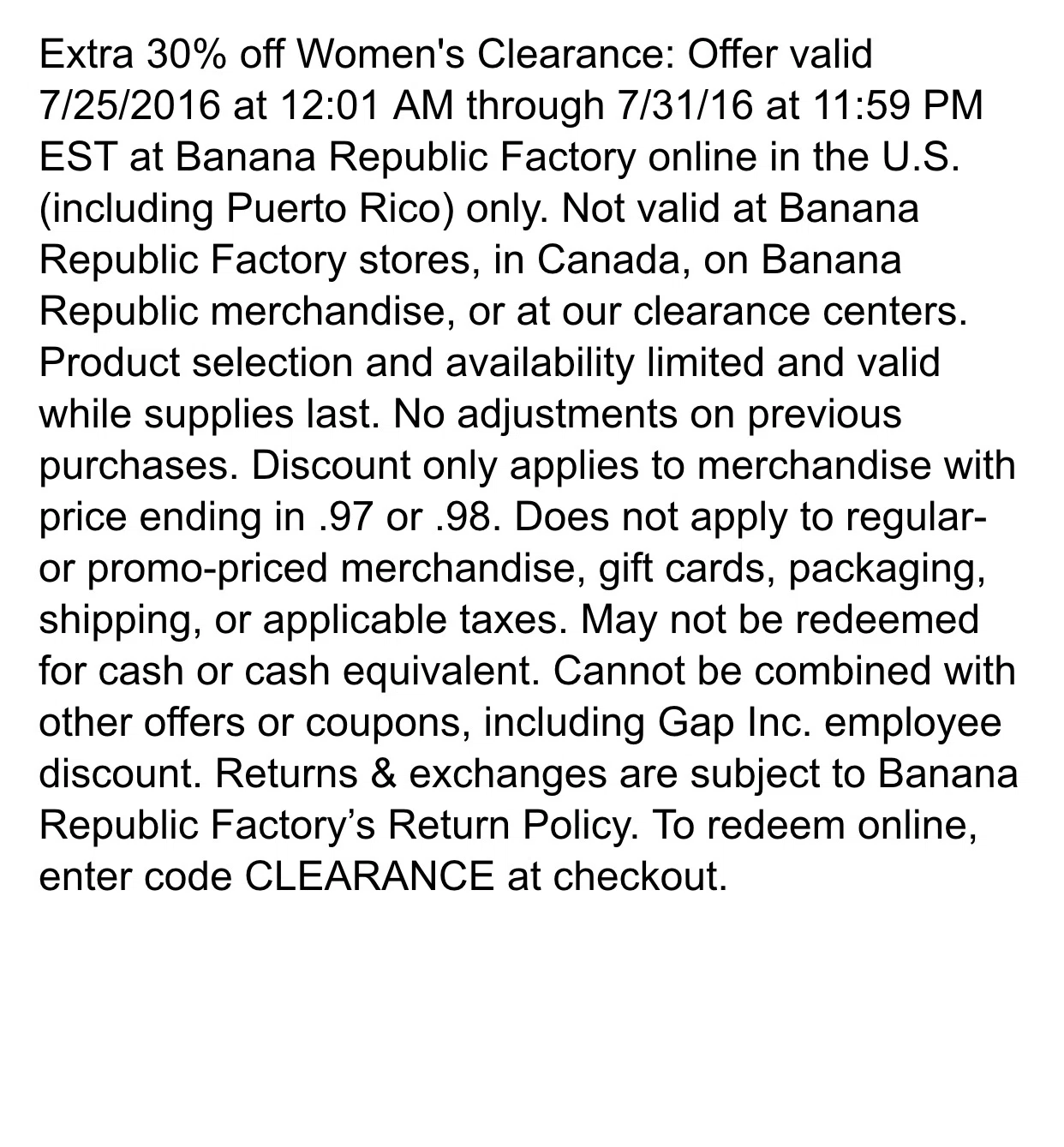 Recent Posts The Gap family of stores all share similar return policies (The Gap, Old Navy, Banana Republic, Piperlime, Athleta). These policies all relate to online purchases. In store policies have not been posted. Policy Statement “Returning an Online Purchase. We want you to love what you ordered, but if something isn't right, let us know.