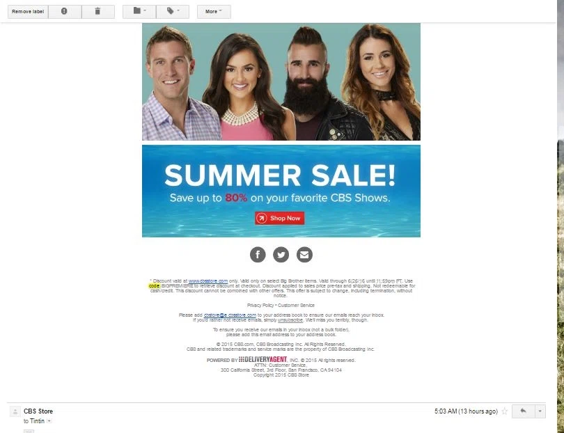 Expired CBS Store Coupons & Coupon Codes All Active CBS Store Coupons & Coupon Codes - Up To 15% off in December At CBS Store, you can expect to find awesome fan gear and apparel for all your favorite CBS shows! With featured shows like Star Trek, Survivor, Big Bang Theory, CSI, The Good Wife, How I Met Your Mother and more, CBS Store has all the DVDs, apparel, and merchandise to delight every avid viewer.