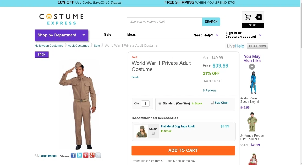 39.99 Costume Express World War II Private Adult Costume (vs. $49.99 ...