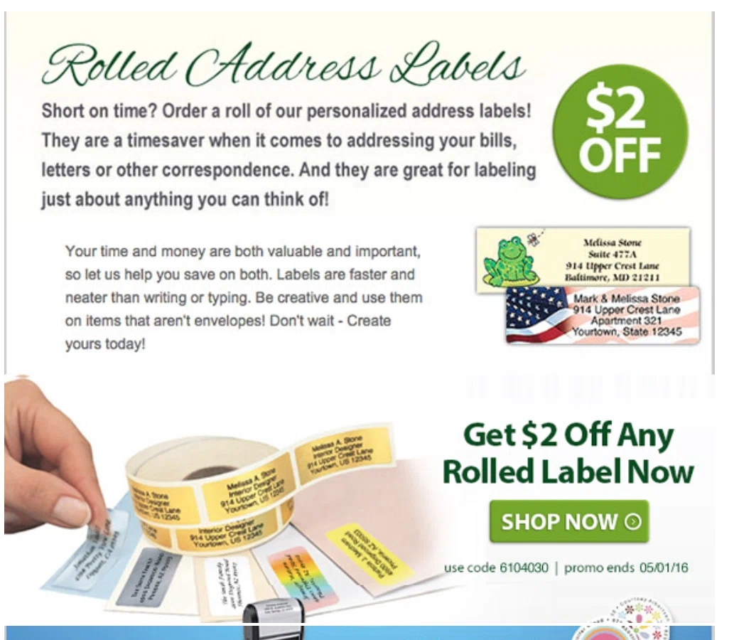 Expired Wool Warehouse Coupons Address Labels Return Address Labels Starting at Only $1 Personalize address labels with customized text, images or uploaded designs. Select between rolls, sheets, monograms, metallics, rubber stamps, 30+ label sizes and more!