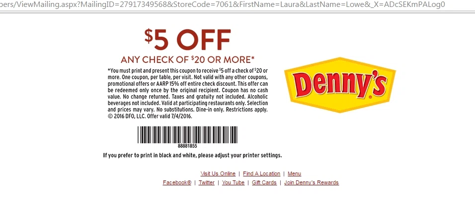 Denny's senior discount coupon