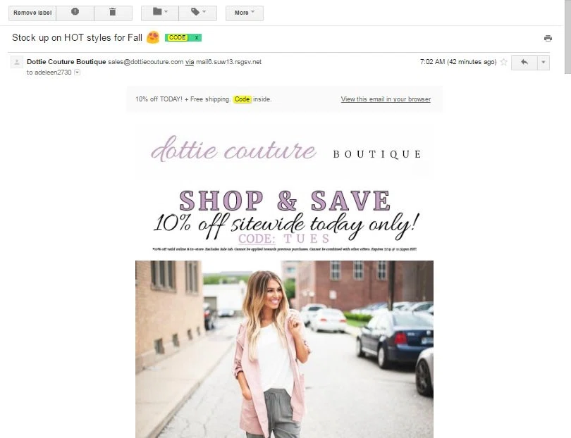 Similar Coupons You Might Like This includes tracking mentions of Dottie Couture Boutique coupons on social media outlets like Twitter and Instagram, visiting blogs and forums related to Dottie Couture Boutique products and services, and scouring top deal sites for the latest Dottie Couture Boutique promo codes.