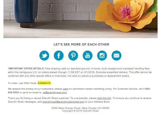 Promo code for grandin road Save % on department and boutique prices on beautiful, unique home decor every day at HomeGoods. At HomeGoods, not only will you find designer merchandise at a steep discount, but you’ll also find unique, one-of-a-kind items from all over the world.