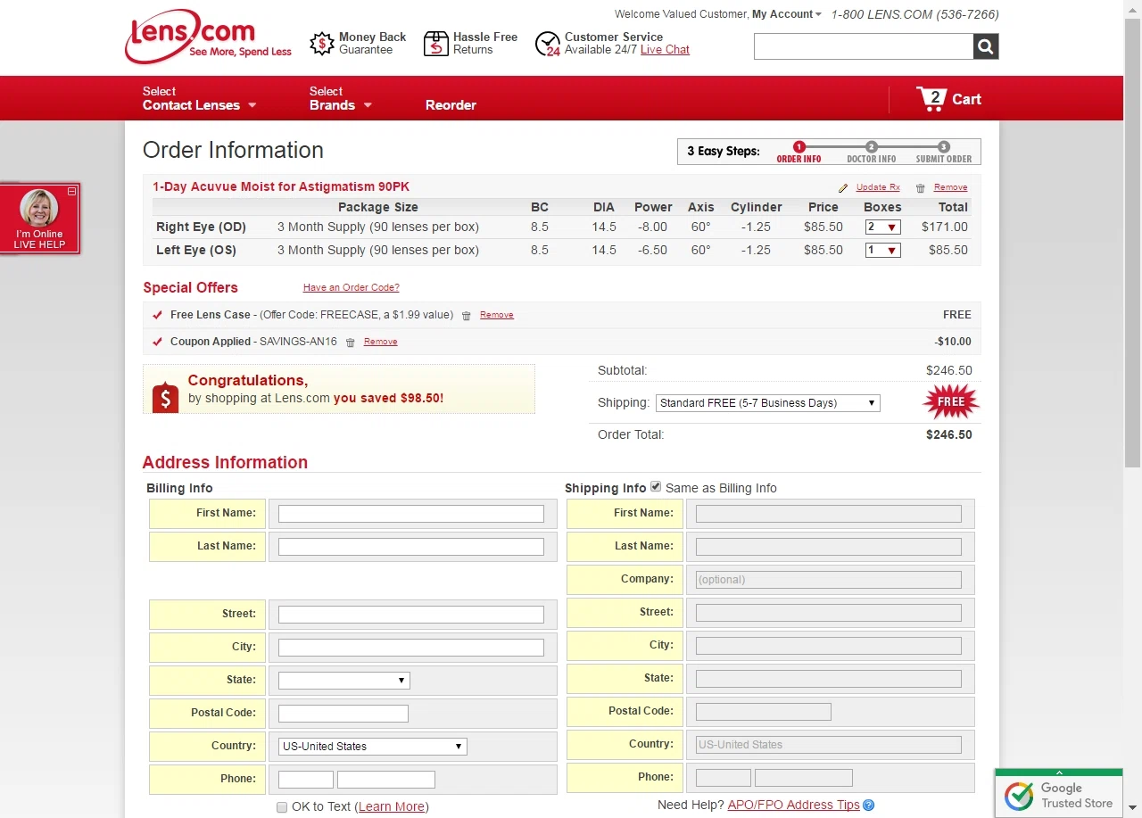 Online coupons for lens.com