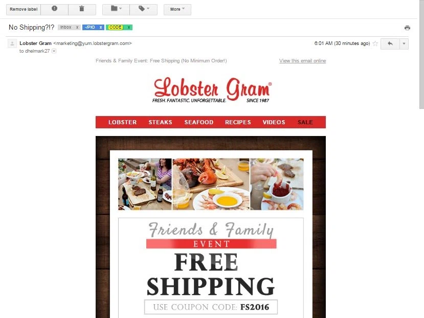 More popular offers this week Want to save on your next purchase from Lobster Gram? Then check out these coupons, promo codes and sales from Groupon Coupons! Lobster Gram Coupons & Promo Codes. Sale Web Only Specials - Lobster Gram Excludes all exclusive pricing and free shipping .