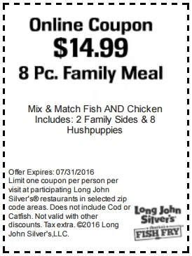 Long John Silvers Coupon Codes, Promos & Sales Long John Silvers has cemented itself as one of the premier fast food chains throughout the country. With Kool Bloo all of your seafood needs are taken care of quickly and with high quality. Whether you come for lunch or dinner, Long John Silvers satiates your .