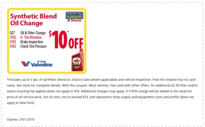 Synthetic blend oil change coupons