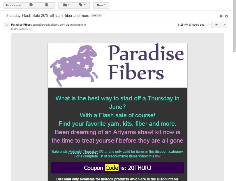 Paradise fibers coupon code On average, Paradise Fibers offers 10 codes or coupons per month. Check this page often, or follow Paradise Fibers (hit the follow button up top) to keep updated on their latest discount codes. Check for Paradise Fibers' promo code exclusions. Paradise Fibers promo codes sometimes have exceptions on certain categories or brands.5/5(3).