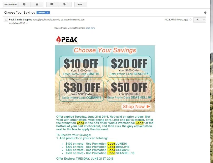 Save more at these popular stores Peak Candle Making Supplies Promo Codes December Welcome to Peak Candle Making Supplies promo codes and coupon codes in December Find out the best Peak Candle Making Supplies coupons and discount codes December for Peak Candle Making Supplies online store.