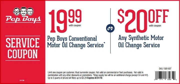 related stores Pep Boys locations offer a Conventional Oil Change for $, via this printable coupon. This oil change service includes up to five quarts of conventional oil, a proline oil filter, point safety check, tire rotation, and tire pressure check.