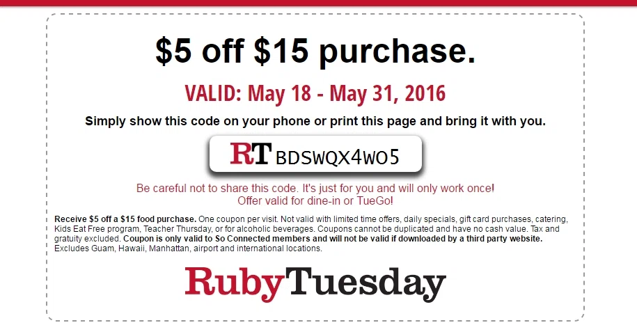 Ruby tuesday printable coupons