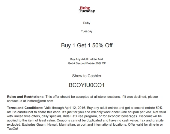 Ruby tuesday coupons 50 off