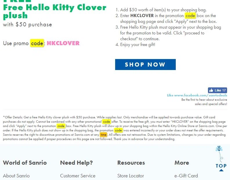 Expired Sanrio Coupons & Coupon Codes Sanrio sell products aimed at children, including clothes, jewelry, bags, and accessories. It also stocks a Hello Kitty selection, with watches, bags, books, and teddy bears all fitted-out in a style that they created.