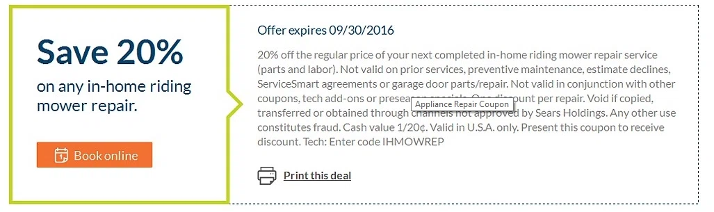 Sears tractor repair discount coupon
