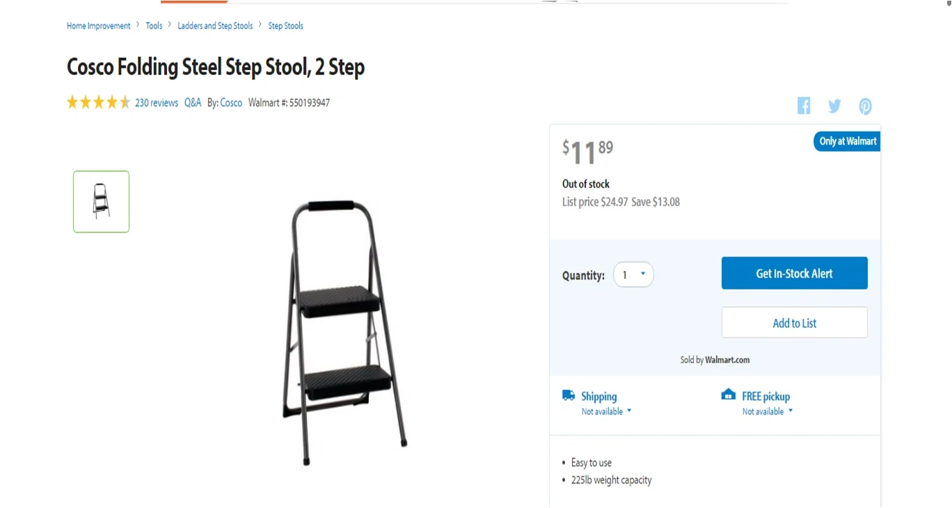 11.89 Cosco Folding Steel Step Stool, 2 Step (vs. $23.46 on Amazon 