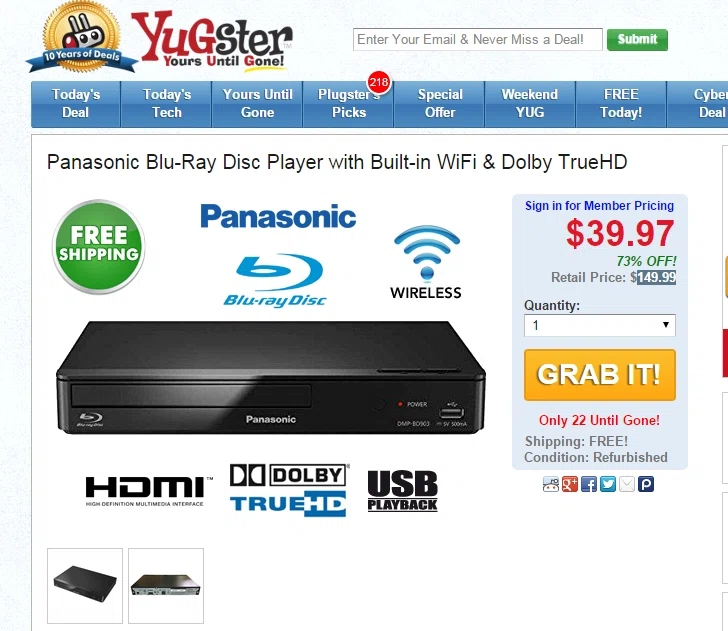 39.97 Panasonic Blu-Ray Disc Player With Built-in WiFi &amp; Dolby TrueHD ...