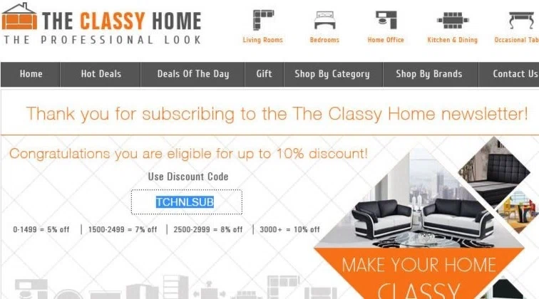 The Classy Home Promo Codes December 2018 On average, The Classy Home offers 5 codes or coupons per month. Check this page often, or follow The Classy Home (hit the follow button up top) to keep updated on their latest discount codes. Check for The Classy Home's promo code exclusions. The Classy Home promo codes sometimes have exceptions on certain categories or brands/5(17).